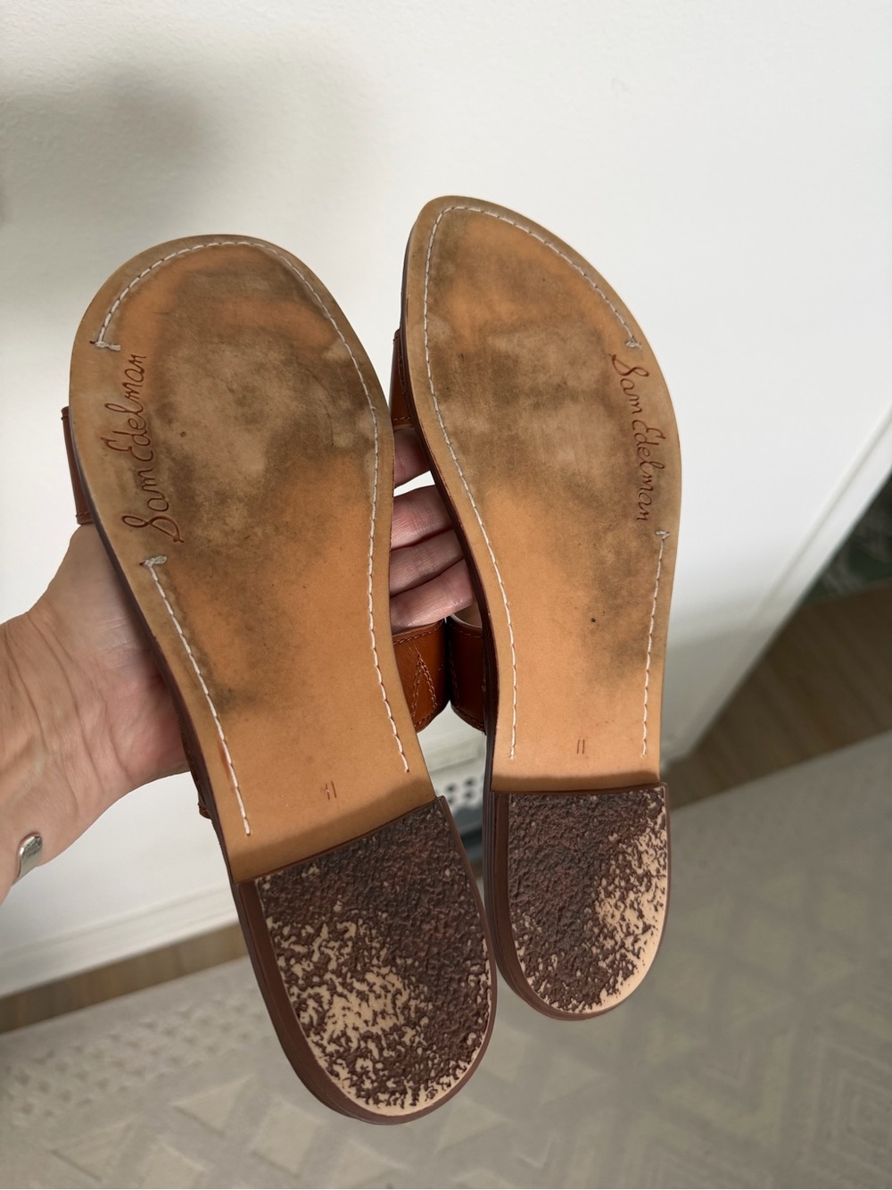Sam Edelman Tan Brown Leather Double-Strap Slide Sandals with Gold Accent - Picture 3 of 3